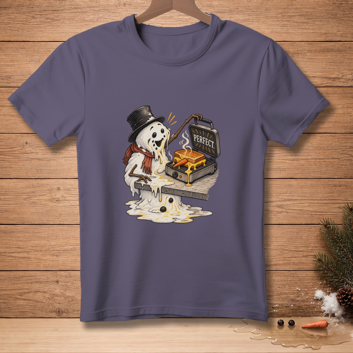 Melting snowman in top hat making a grilled cheese sandwich that says "PERFECT".