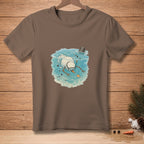 Snowman wearing snorkel mask underwater searching for something with fish.