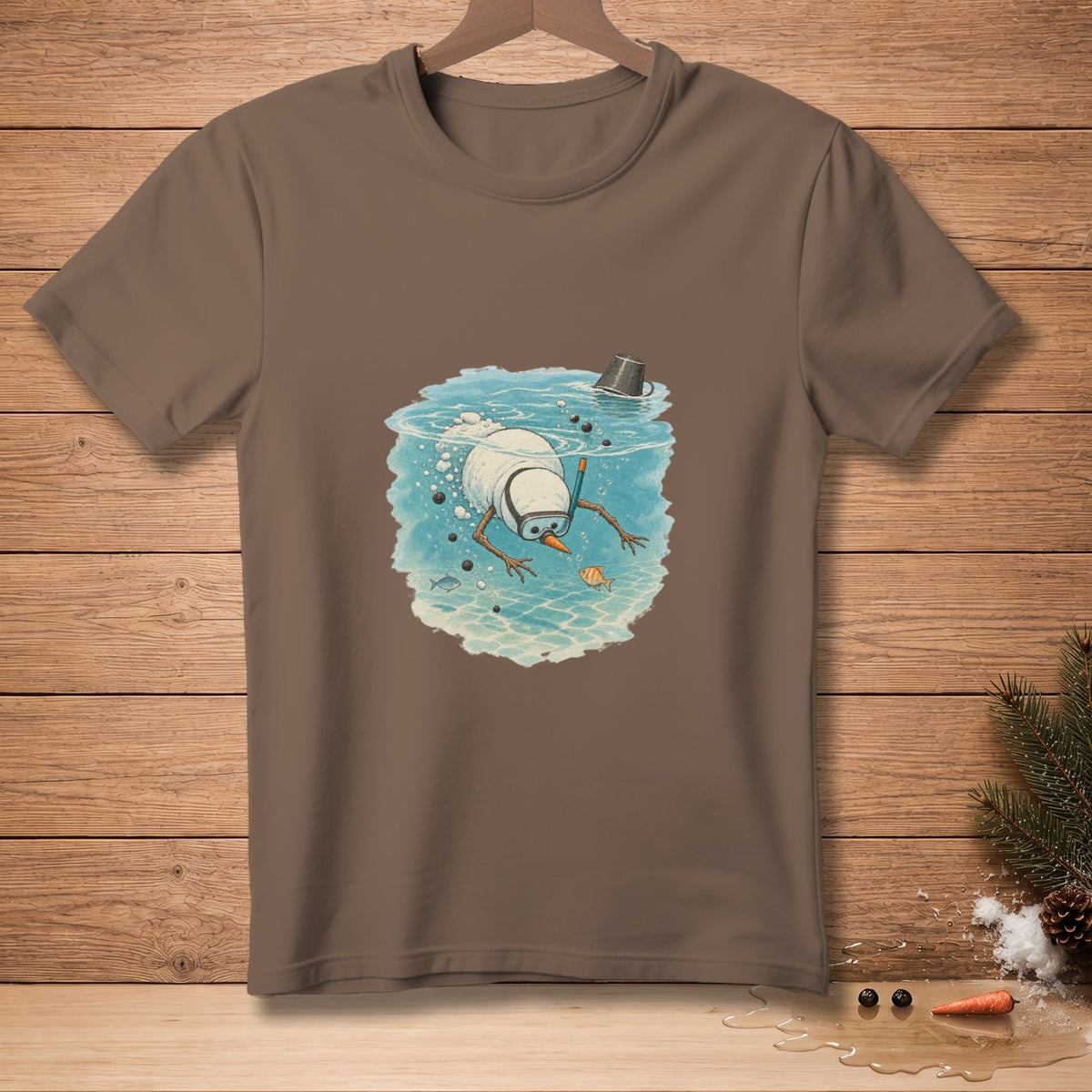 Snowman wearing snorkel mask underwater searching for something with fish.