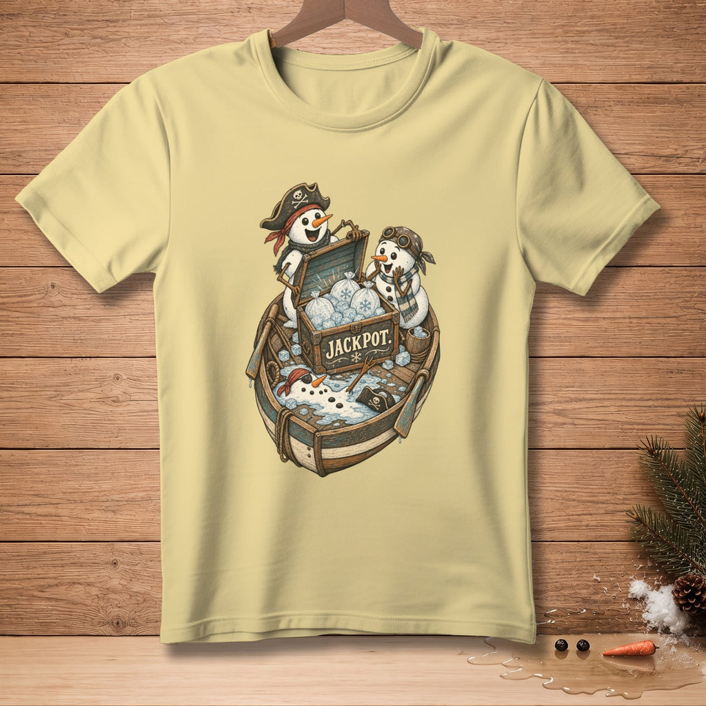 Pirate snowmen in a boat with a chest labeled "JACKPOT".