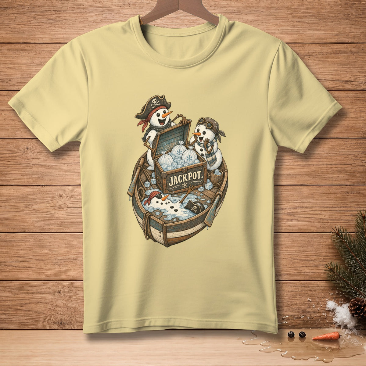 Pirate snowmen in a boat with a chest labeled "JACKPOT".