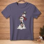 T-shirt with a melting snowman opening a wine bottle with text "ALMOST OPEN".