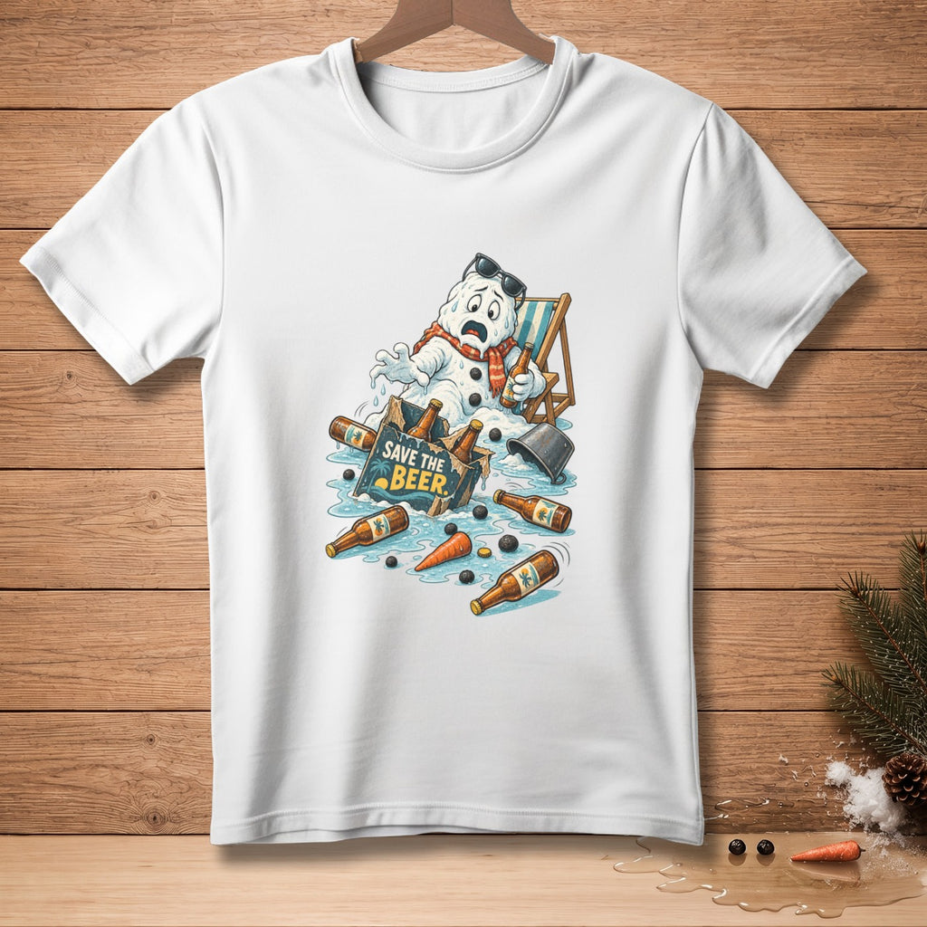 Melting snowman in beach chair with beer bottles, "Save the Beer" text.