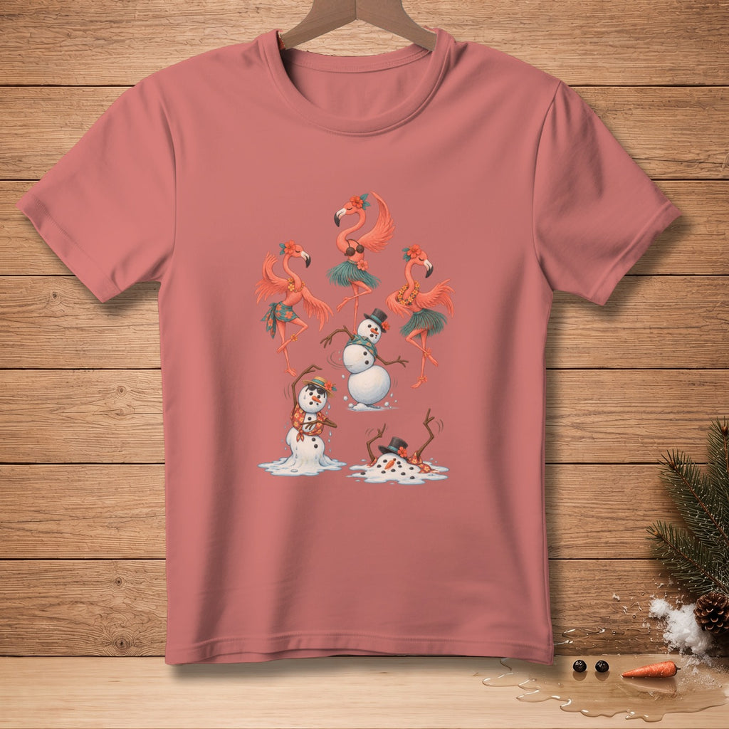 T-shirt with dancing flamingos and snowmen wearing hats and grass skirts.