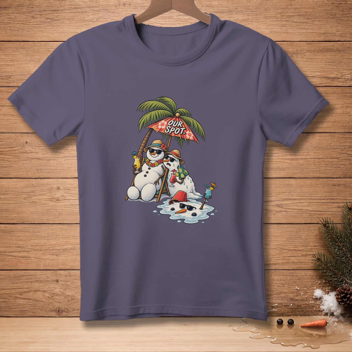 Two melting snowmen relax under a palm tree with drinks, an umbrella reads "OUR SPOT."