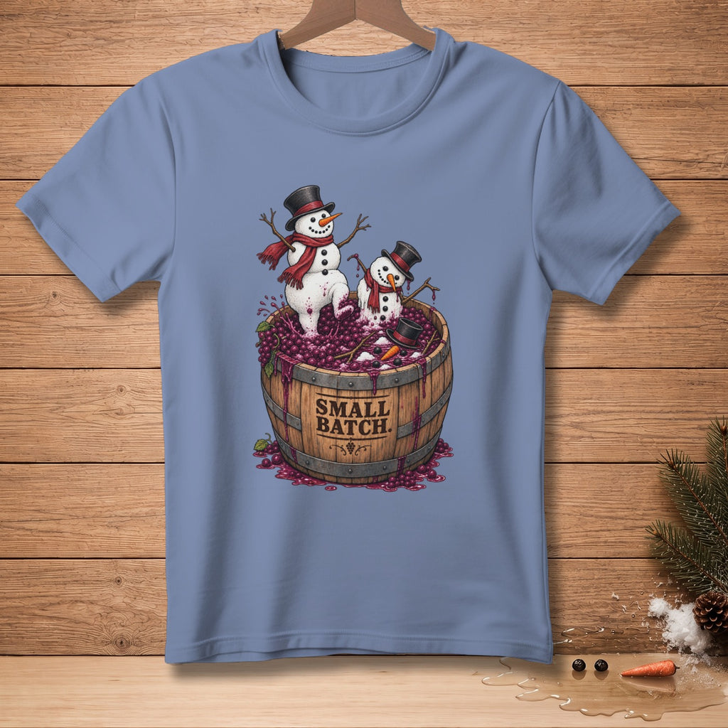 Two snowmen in a barrel of grapes with "SMALL BATCH" text.