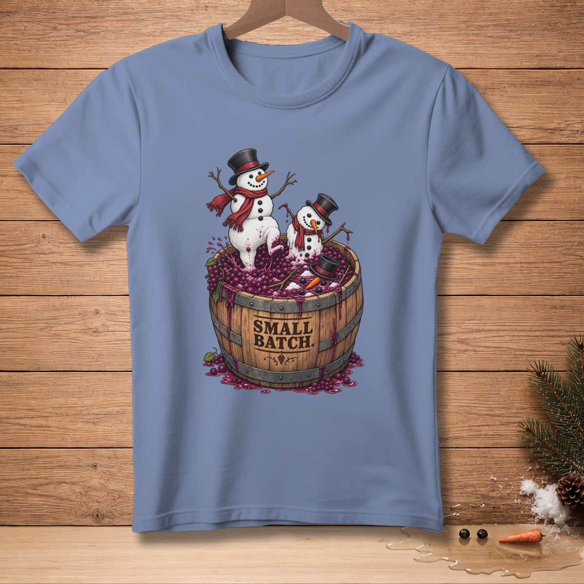 Two snowmen in a barrel of grapes with "SMALL BATCH" text.