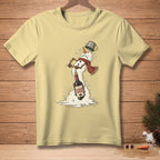 Melting snowman with corkscrew, wine bottle labeled "Almost Open" on a light yellow t-shirt.