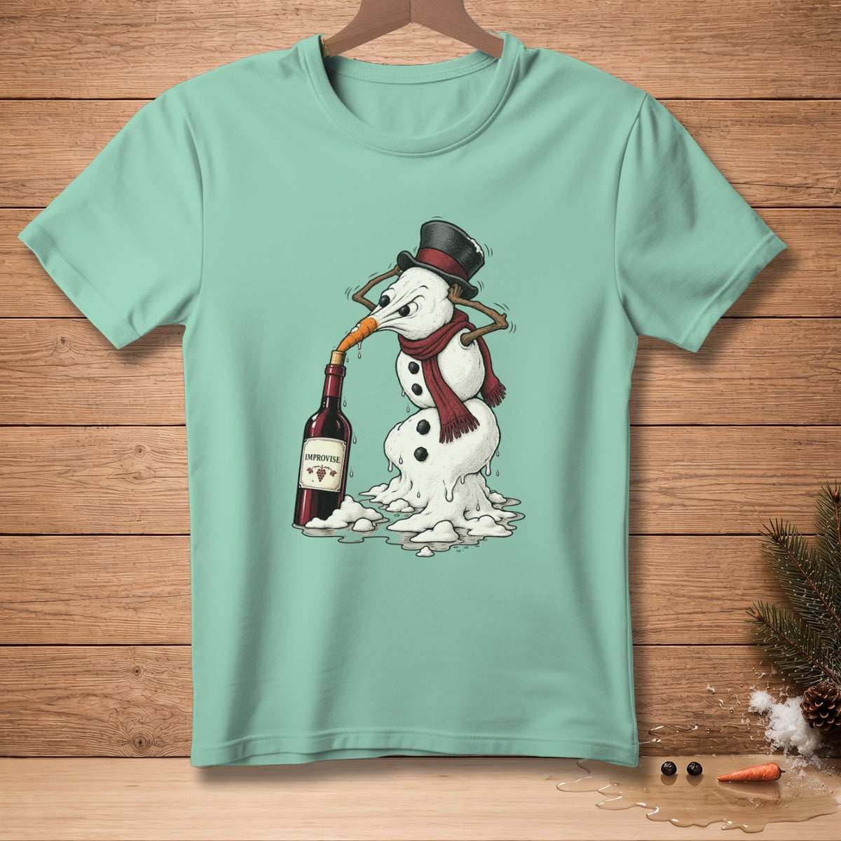 Melting snowman with carrot nose drinking from wine bottle labeled IMPROVISE.