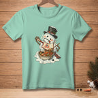 Melting snowman in top hat eats chili with a spoon from a bowl.