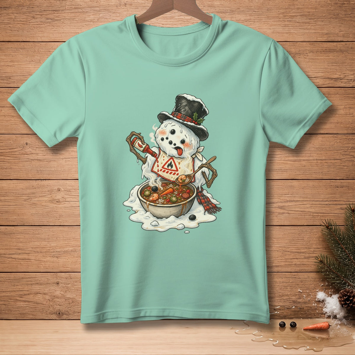 Melting snowman in top hat eats chili with a spoon from a bowl.