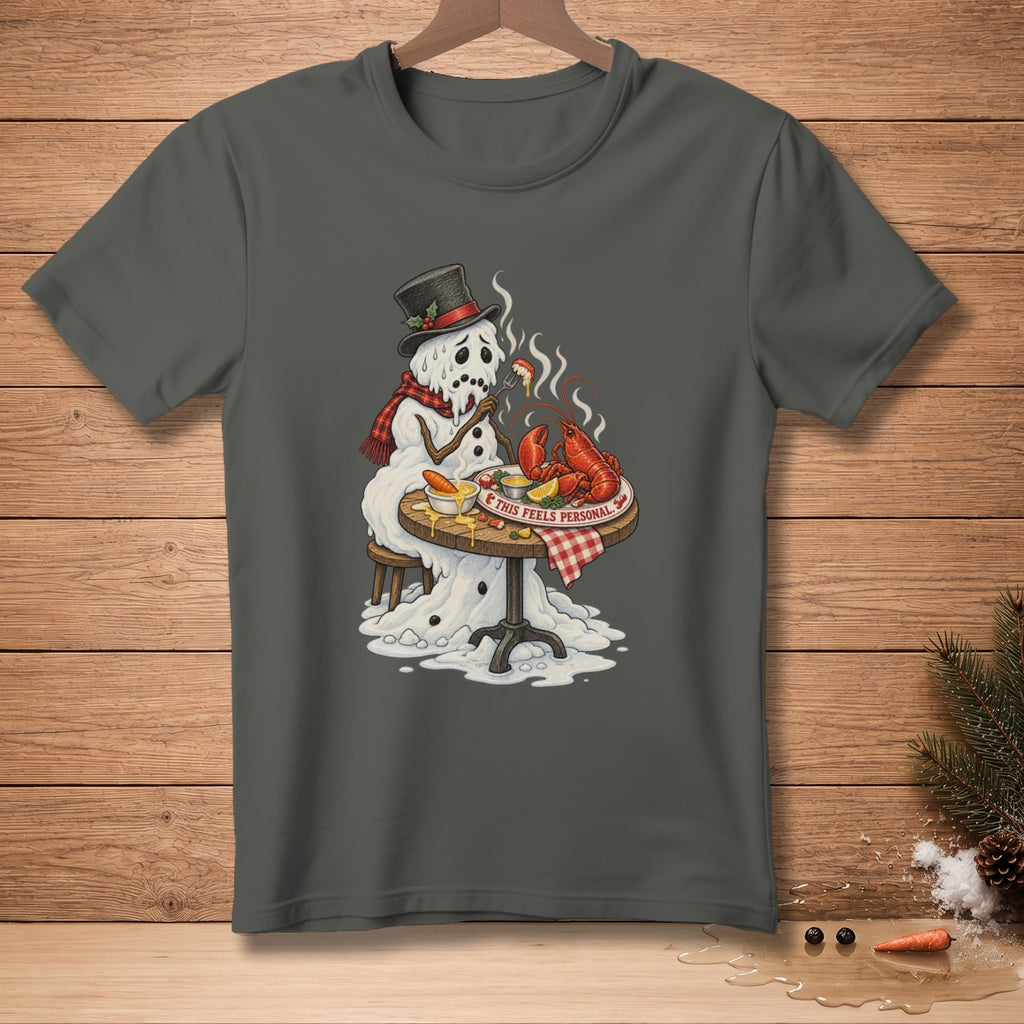 Snowman eating lobster with text "THIS FEELS PERSONAL."