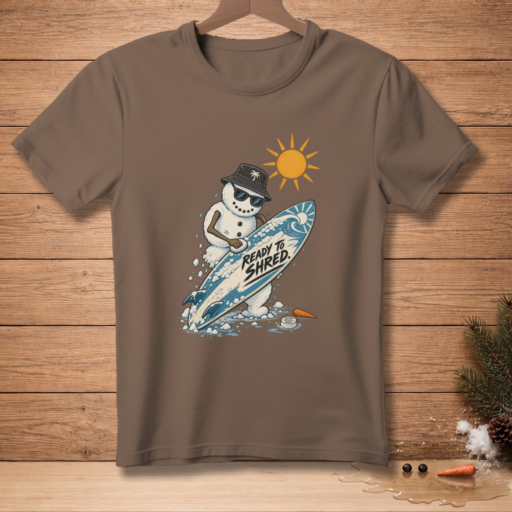 Snowman in a bucket hat and sunglasses holding a surfboard with text "READY TO SHRED".