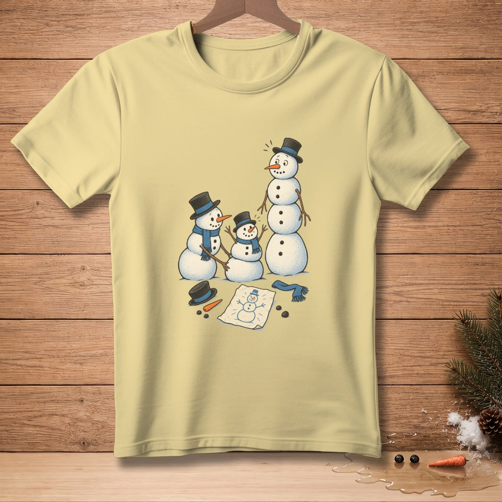 Yellow t-shirt with a drawing of three snowmen and a sketch of a snowman.