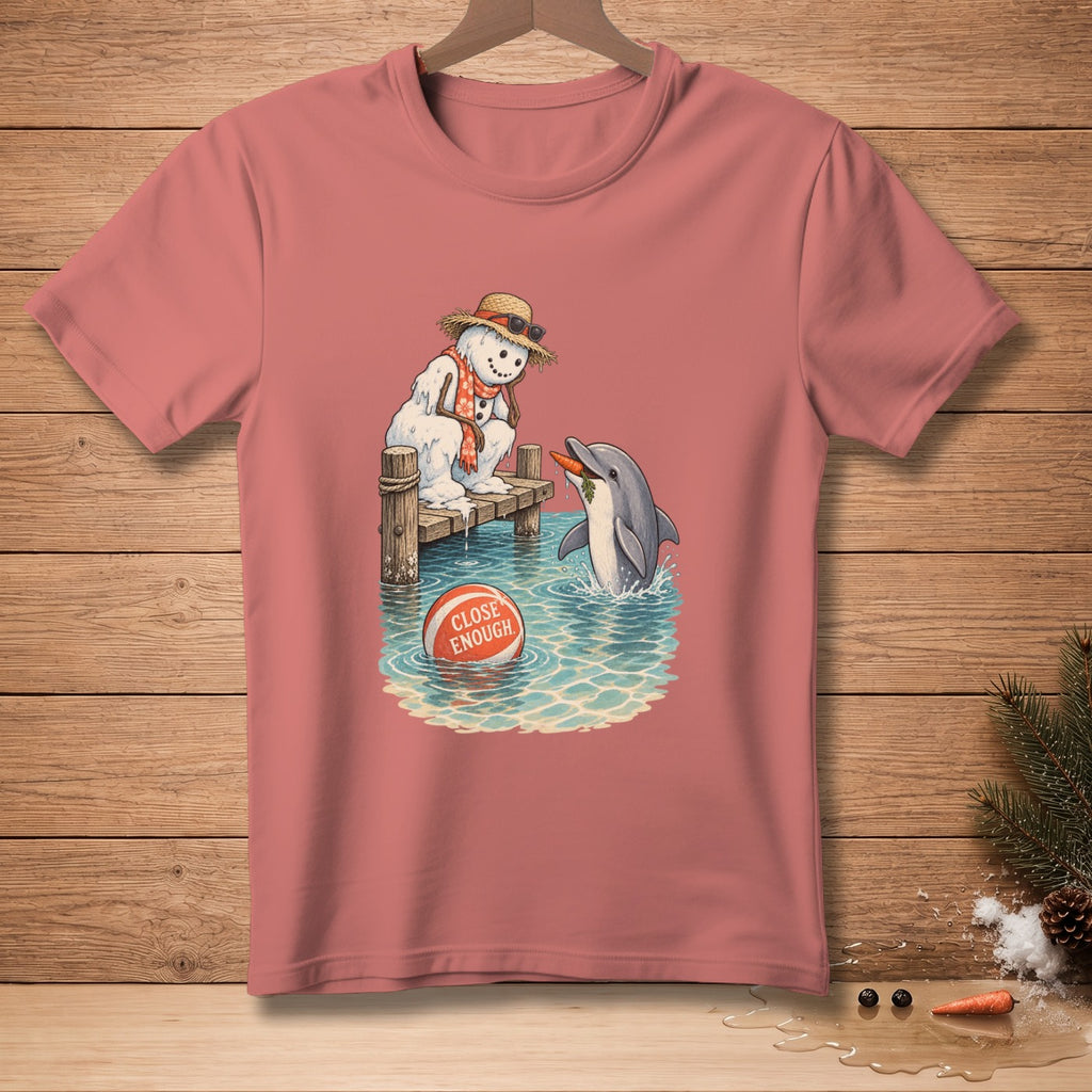 Snowman on pier, dolphin jumping, and ball with text "CLOSE ENOUGH".