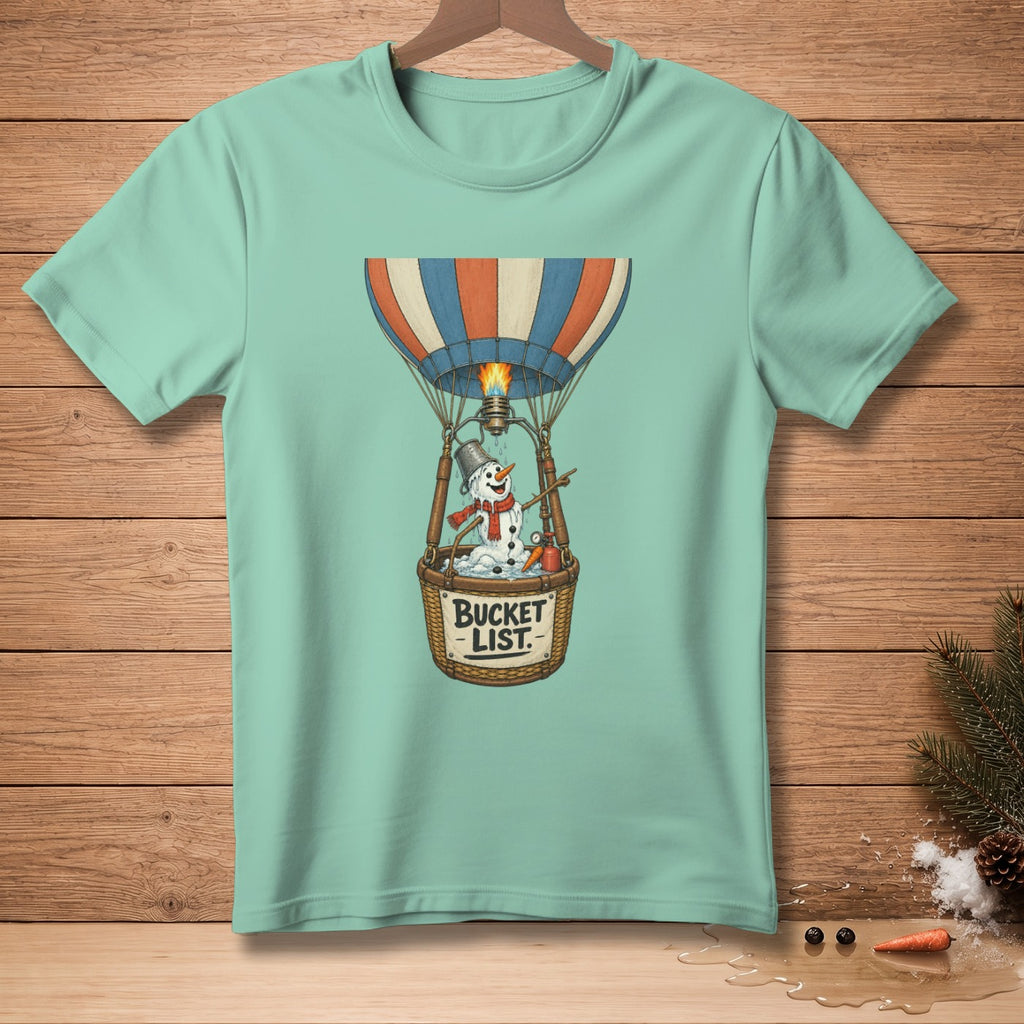 Snowman in hot air balloon basket with "BUCKET LIST" text.