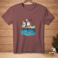 Two snowmen fishing on a dock with fish in the water.