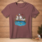 Two snowmen fishing on a dock with fish in the water.