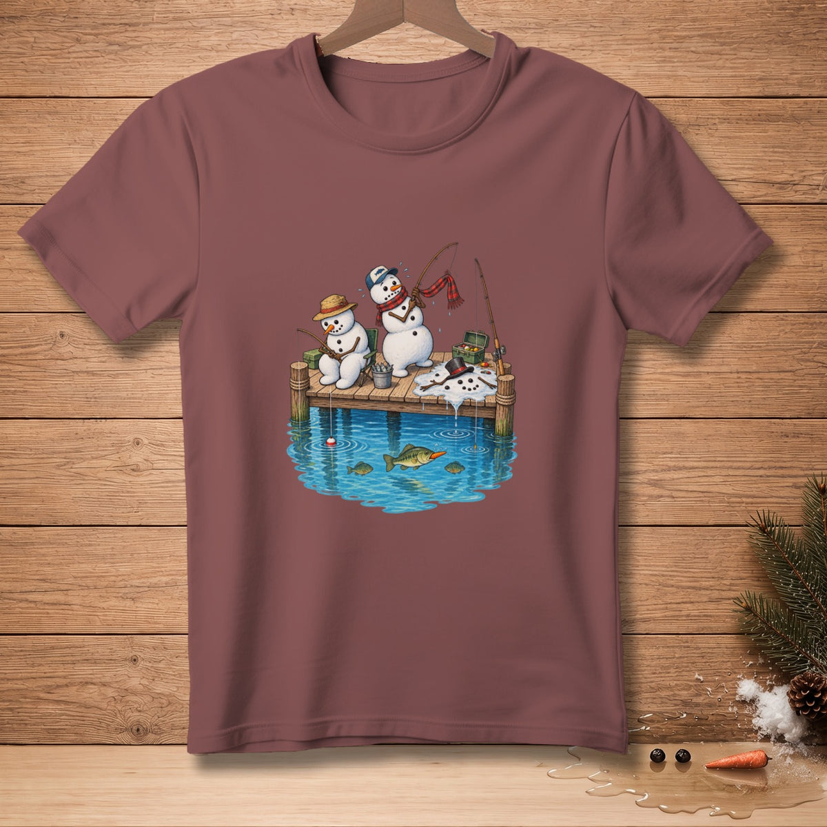 Two snowmen fishing on a dock with fish in the water.