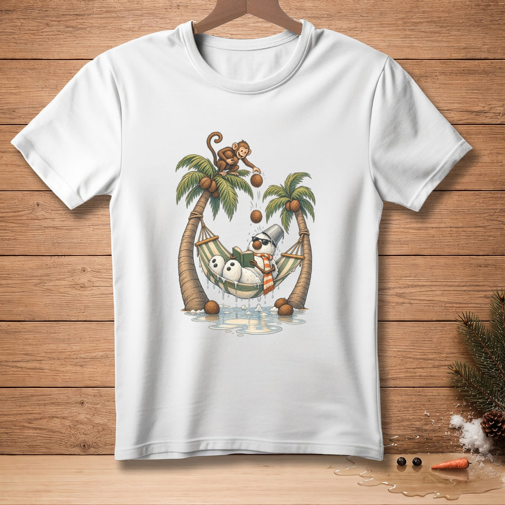Snowman in hammock with coconuts and monkey on palm trees.