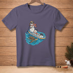 Two snowmen on a paddleboard with a turtle and the text "GO WITH THE FLOW."