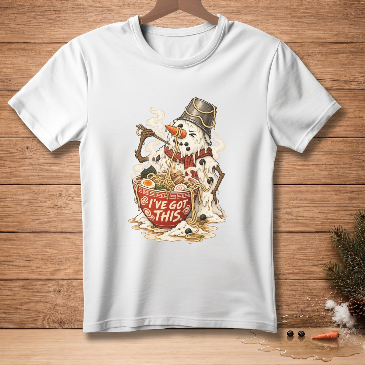 Melting snowman eating ramen from bowl with text "I'VE GOT THIS".