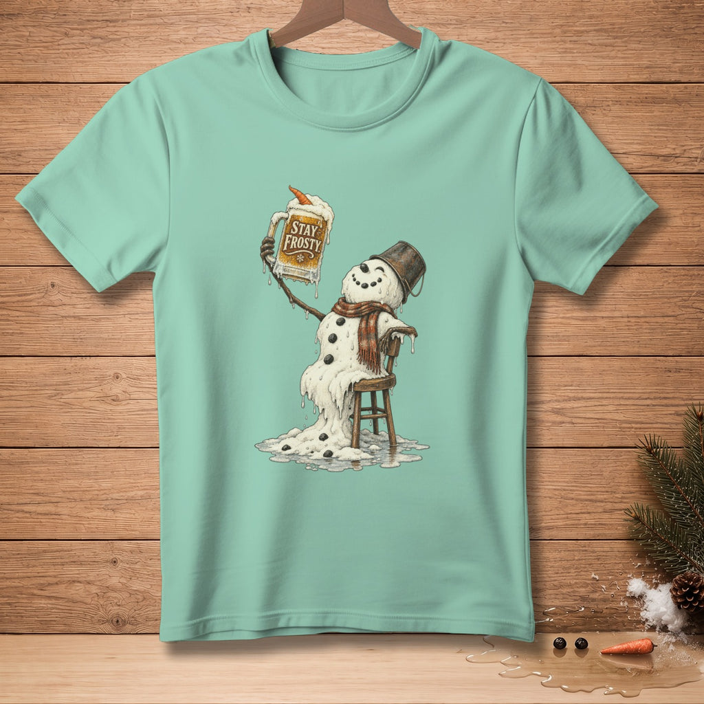 Melting snowman with melting ice beer mug and text "STAY FROSTY".