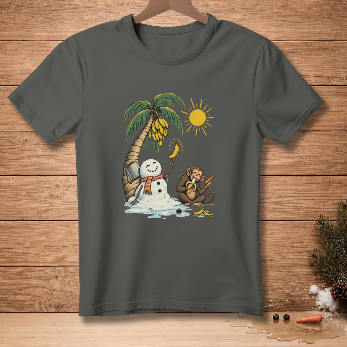 Melting snowman with scarf and banana next to monkey eating carrot under palm tree.
