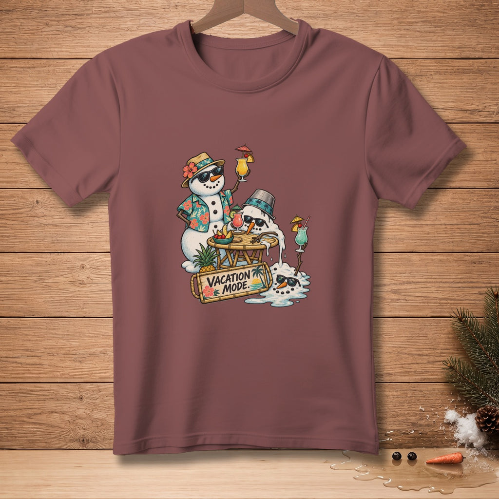 Melting snowmen with drinks and a sign that says "VACATION MODE".