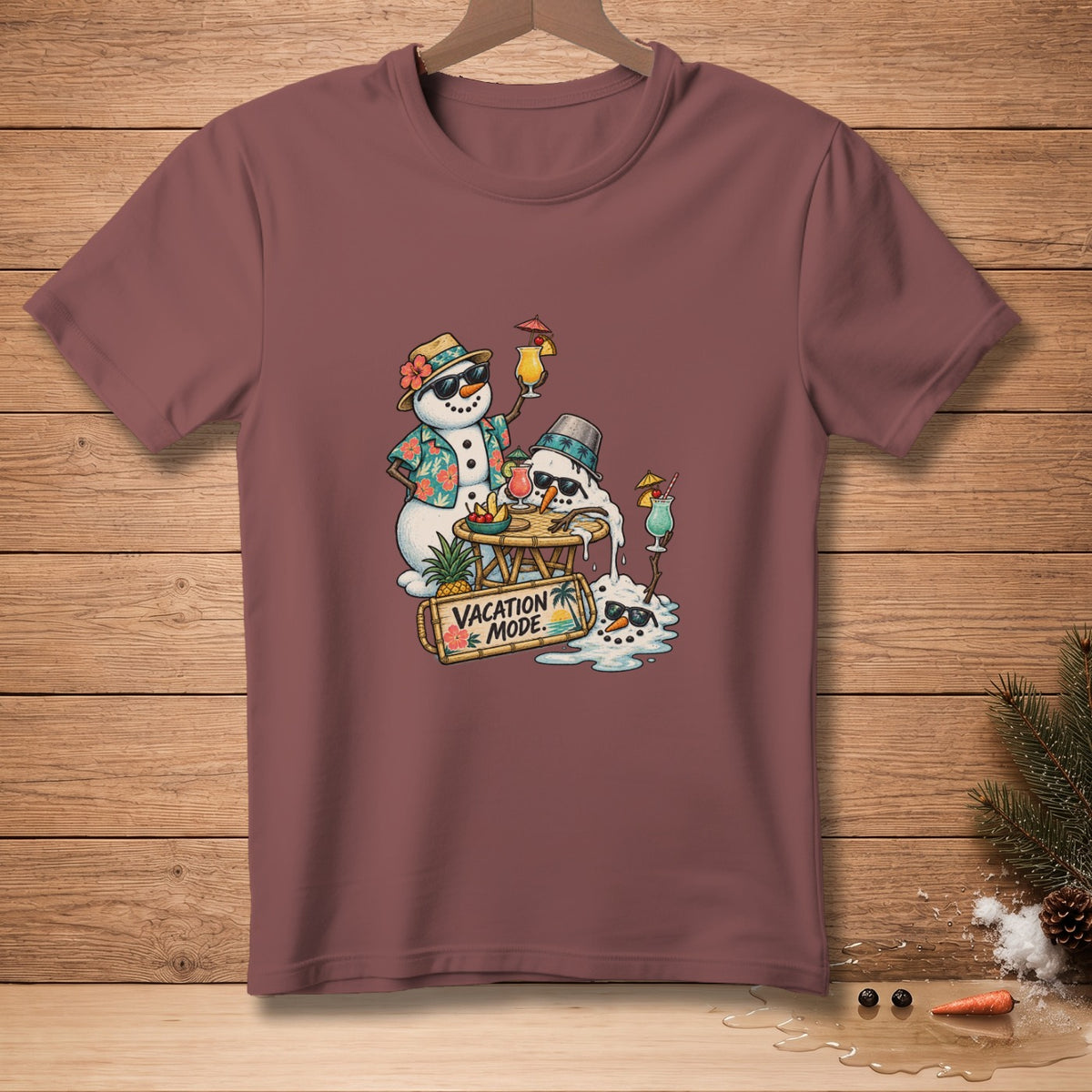 Melting snowmen with drinks and a sign that says "VACATION MODE".