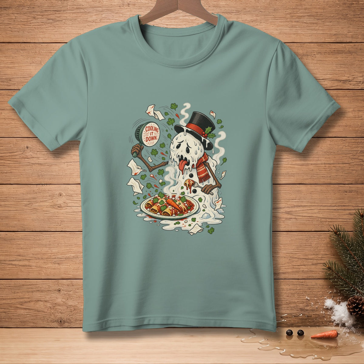 Melting snowman in hat and scarf eating enchiladas, with "Cooling it down" text.