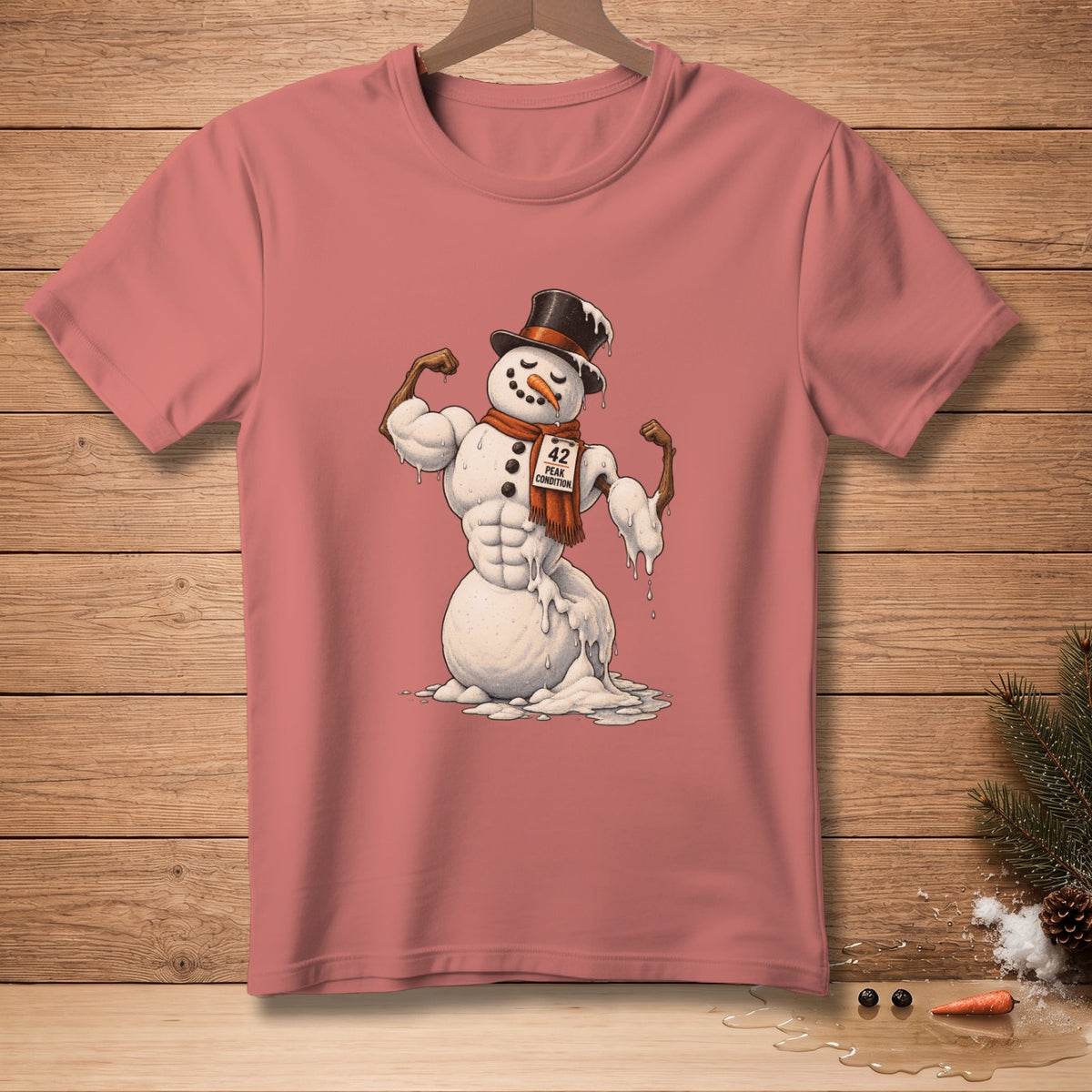 T-shirt with a muscular, melting snowman graphic featuring "42 PEAK CONDITION".
