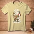 Light yellow t-shirt with a graphic of a melting snowman eating steaming pho, "EXTRA HOT." text.