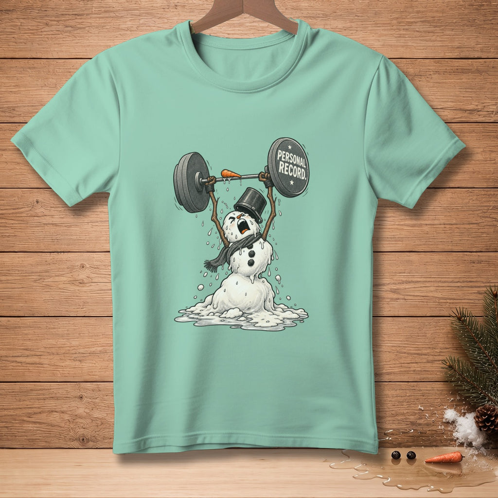 Snowman lifting barbell with "Personal Record" weight plate, melting.