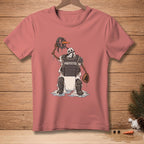 Snowman catcher with "PROTECTED." text on chest protector, melting.