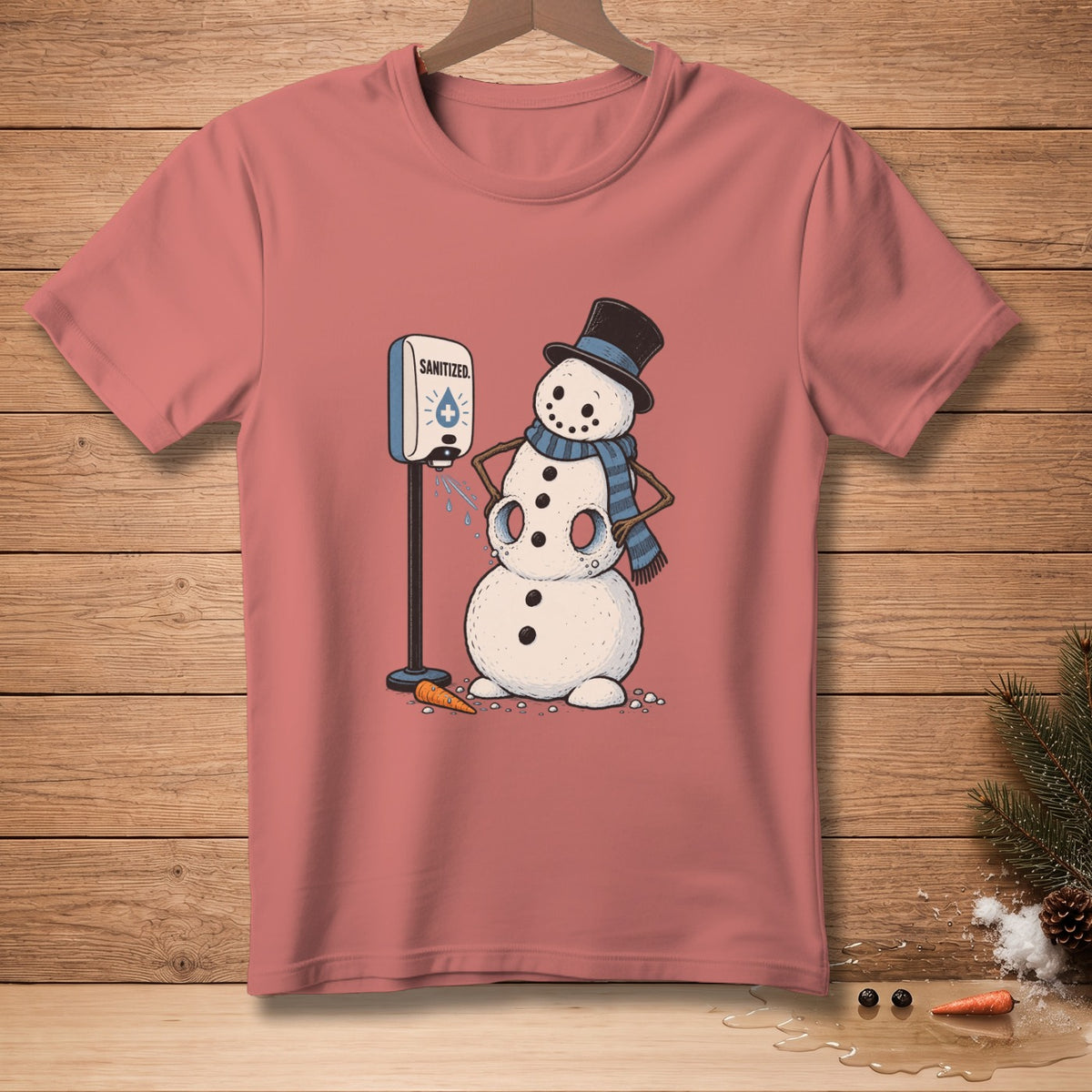 Snowman with top hat and scarf using hand sanitizer dispenser.