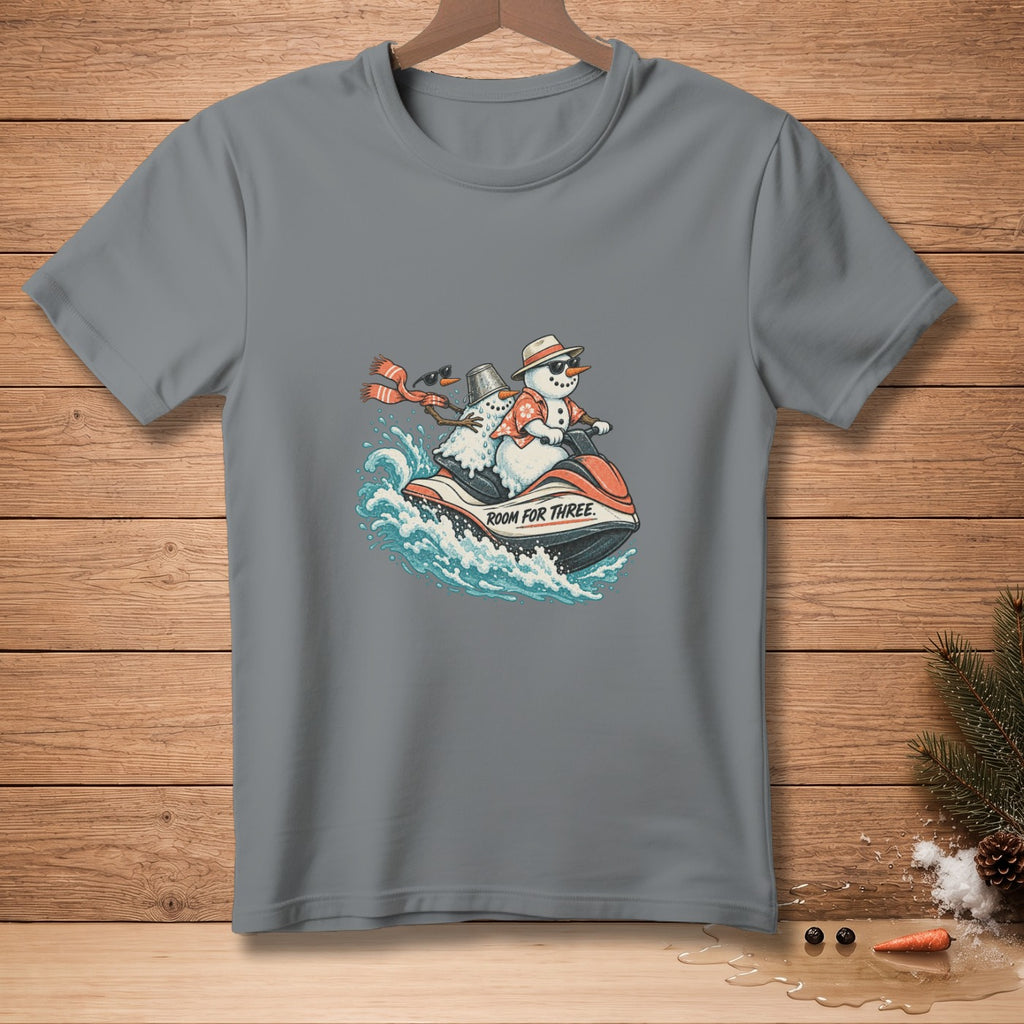 Two snowmen ride a jet ski with text "ROOM FOR THREE."