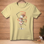 Light yellow t-shirt featuring a cartoon snowman dancing with a red ribbon and holding a carrot.