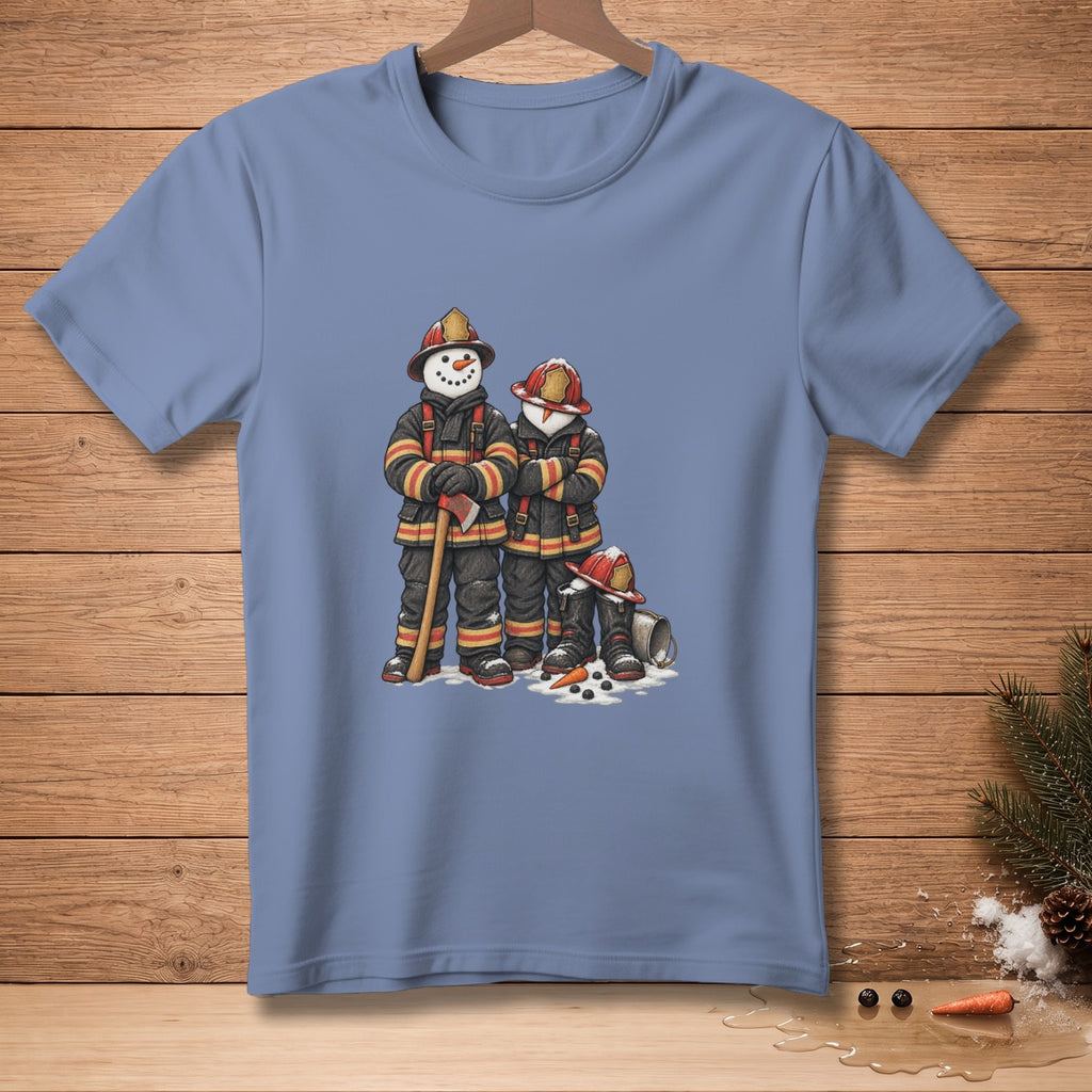 Two snowmen in firefighter gear holding an axe, with a third helmet and boots nearby.