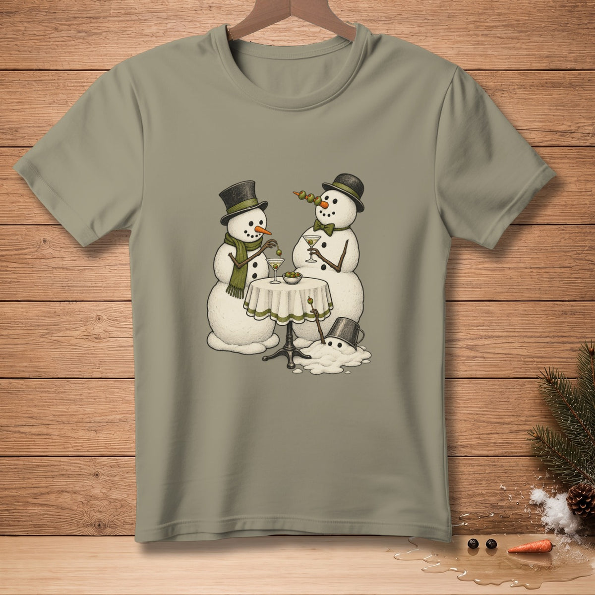 Two snowmen with hats and drinks, one melting near a table with olives.