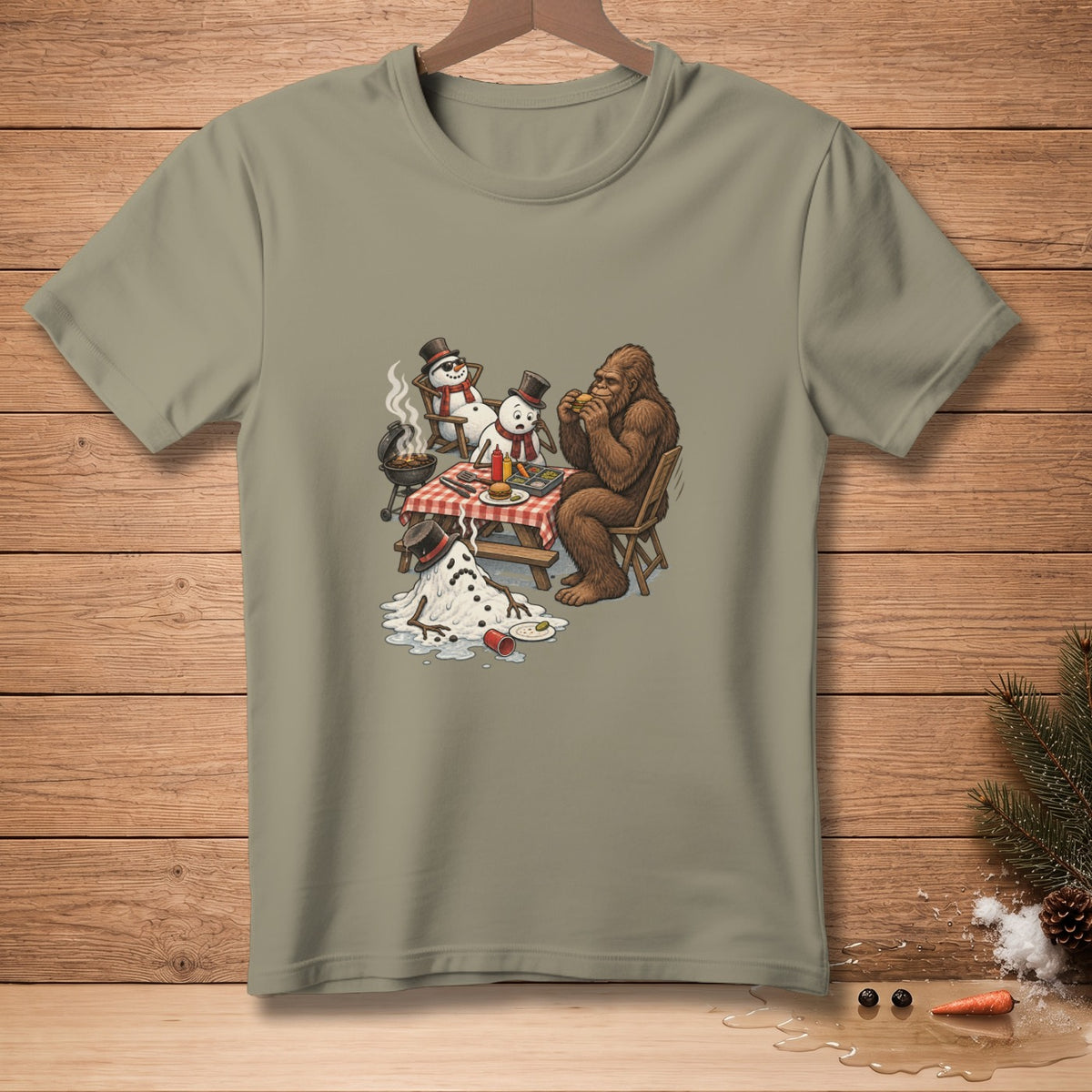 Bigfoot and snowmen have a picnic with a melting snowman and a grill.