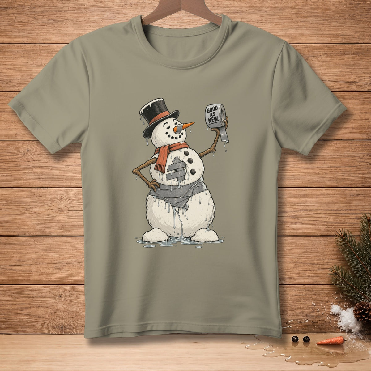 Melting snowman with duct tape fixes holds toilet paper reading "Good as New".