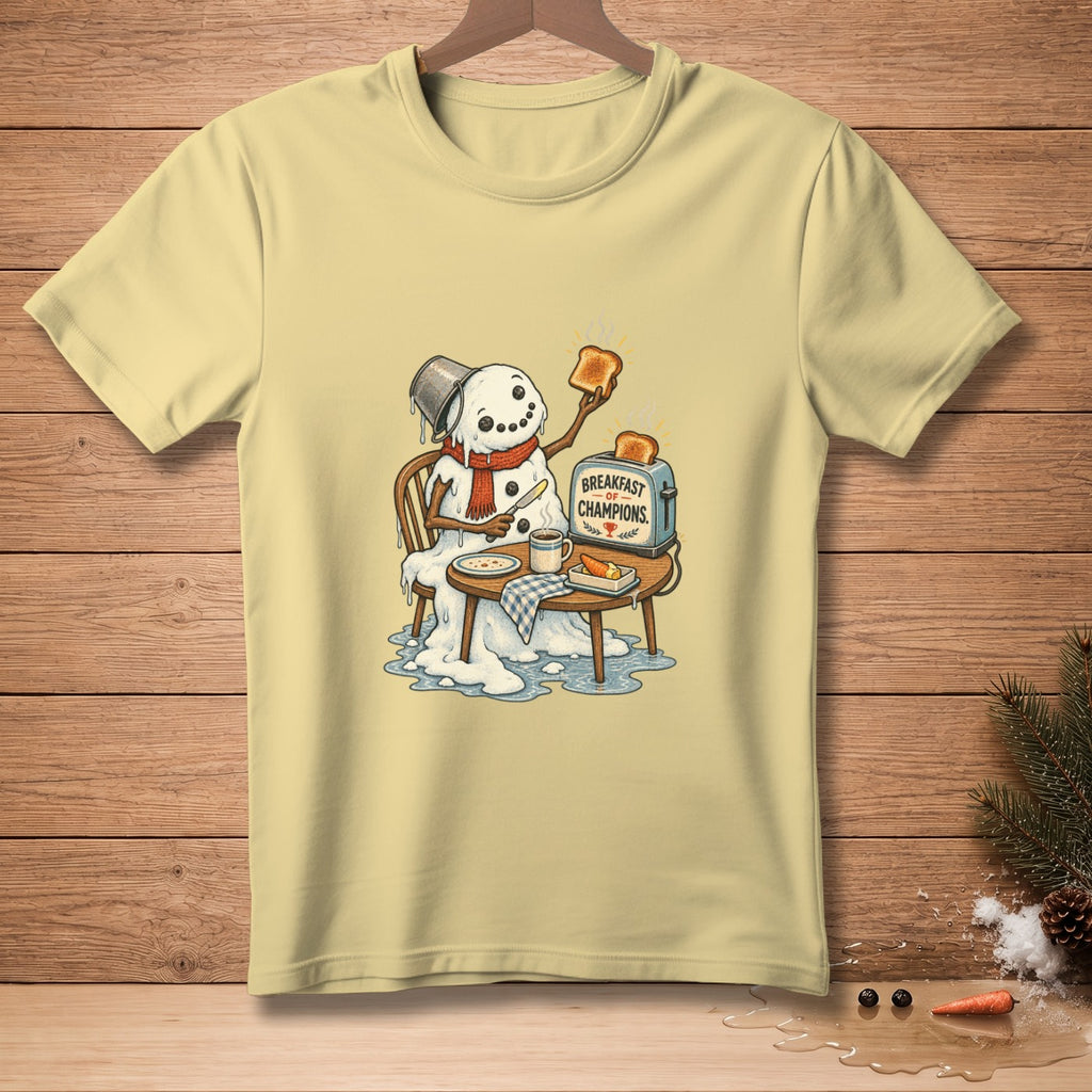 Snowman melting while eating toast from a toaster with "Breakfast Champions" text.