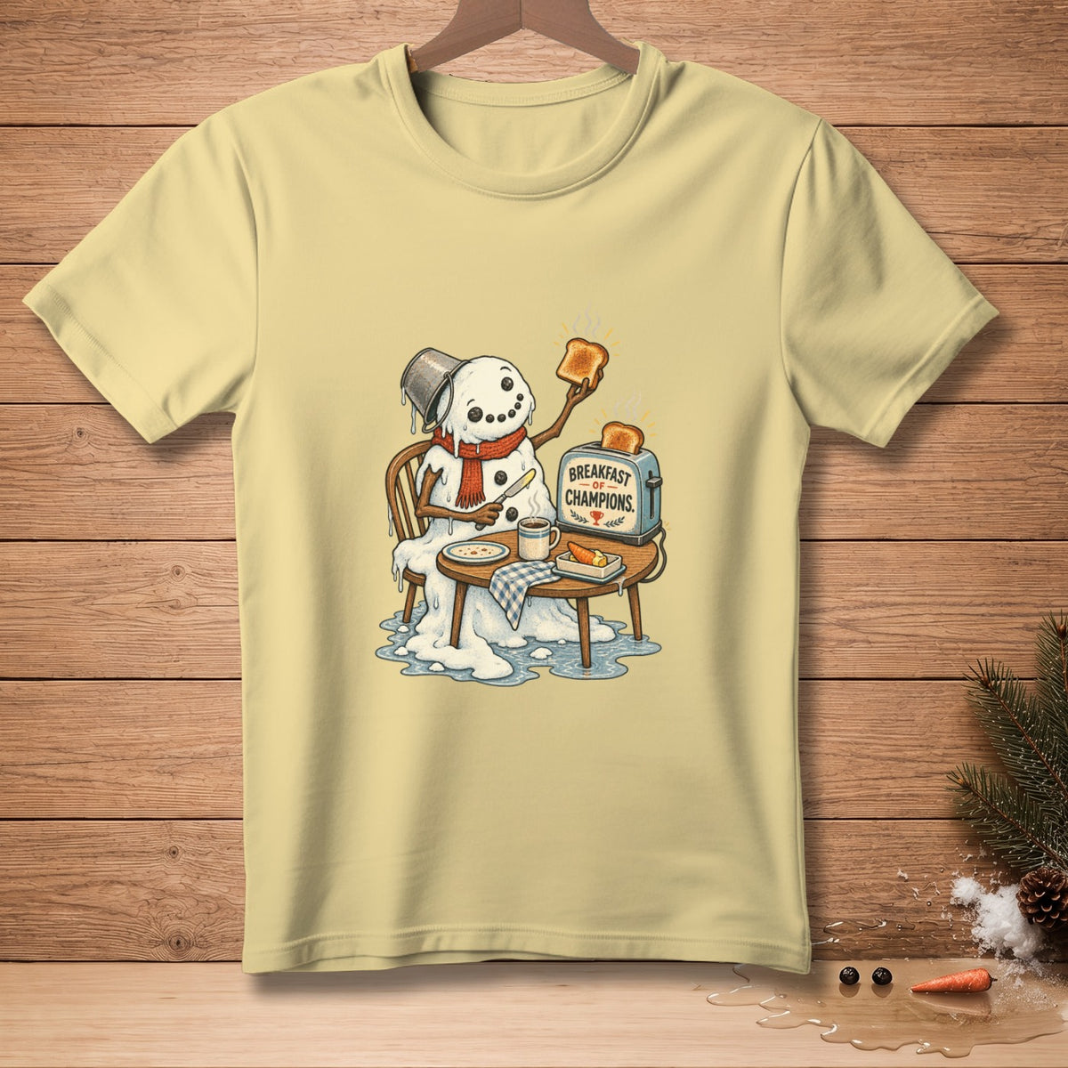 Snowman melting while eating toast from a toaster with "Breakfast Champions" text.