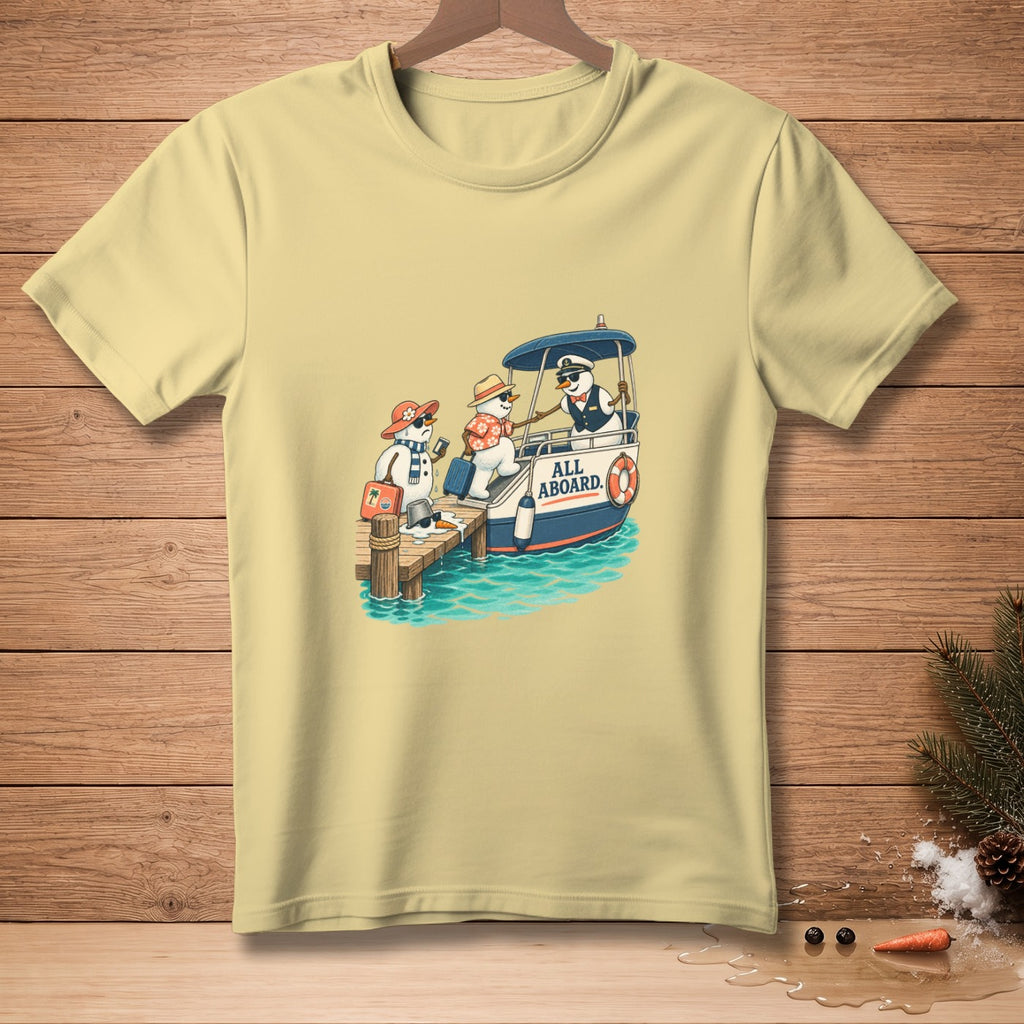 Three snowmen on a dock board a boat with "All Aboard" text.