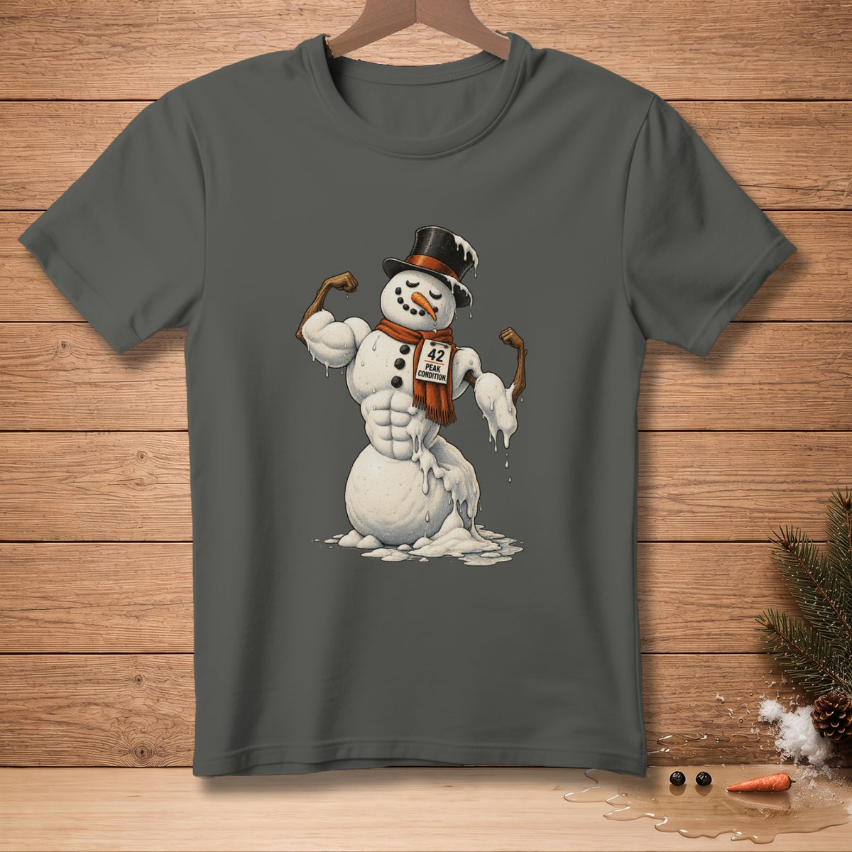 Muscular snowman wearing a hat and scarf, flexing with "42 PEAK CONDITION" tag.
