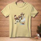 Snowmen firefighters spray water, one melting, on a light yellow t-shirt.
