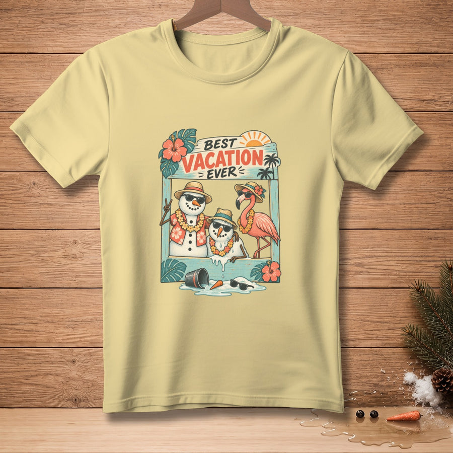 Light yellow t-shirt with "Best Vacation Ever" graphic featuring melting snowmen and a flamingo.