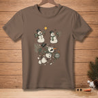 Brown t-shirt with cartoon of snowmen melting with text "MORE POWER."