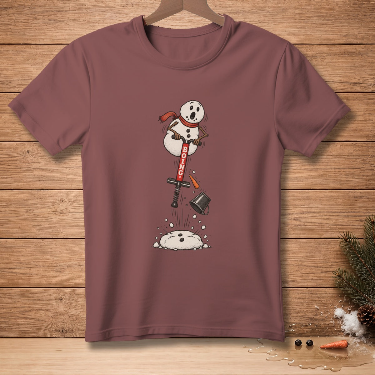Snowman on pogo stick with "BOING" text, falling into snow.